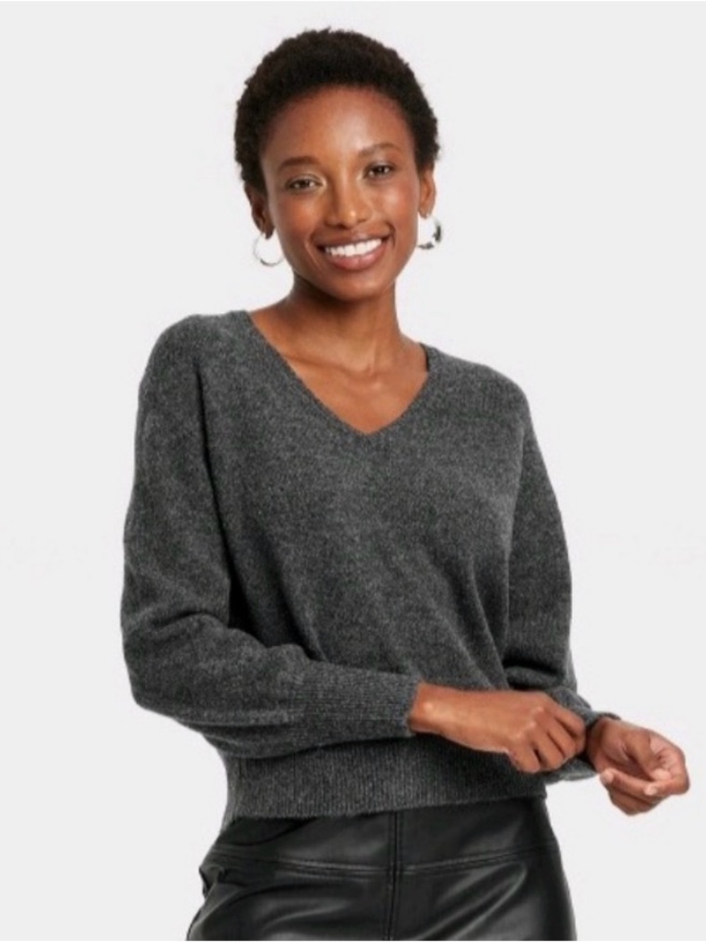 A New Day Women's Cozy Knit V-Neck Pullover Sweater Dark Gray Size L